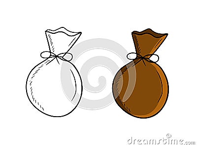 Brown tissue bag with string and bow with money coins in black isolated on white background. Hand drawn vector sketch illustration Vector Illustration
