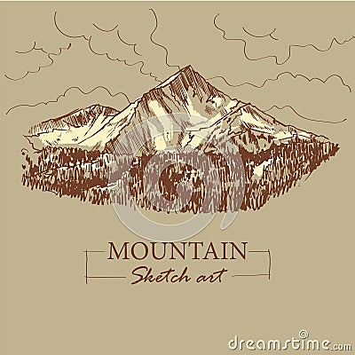 Brown toned modern stylized sketch of mountain, with forest and clouds, vector illustration Cartoon Illustration