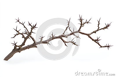 Brown tree branch with numerous small thorns isolated on isolated transparent background. Branch oriented right, tree trunk Stock Photo