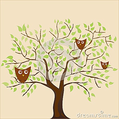 Stylized plants and many vector owls, festive coffee and leaves pattern on beige background Vector Illustration