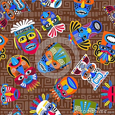 Brown tribal masks seamless pattern Vector Illustration