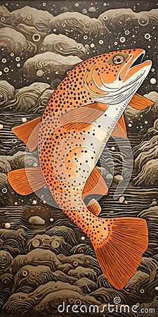 Brown Trout: A Detailed Woodcut-inspired Oil Painting Stock Photo