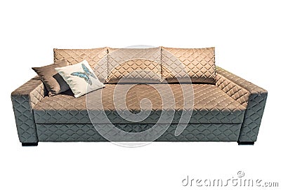 Brown velours sofa with pillows. Soft couch with cushions isolated background Stock Photo