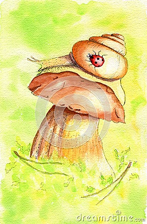 Brown watercolor mushroom with snail, lady bug and two pine needles in the bright green sunny forest Stock Photo