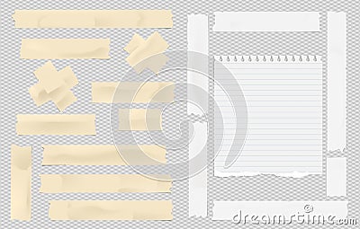 Brown and white adhesive sticky masking,duct tape, torn note notebook paper piece for text on squared gray background. Vector Illustration