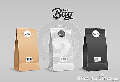 Brown, White, Black Paper bag folded, mouth bag there are circle stickers and barcodes, mock up Vector Illustration