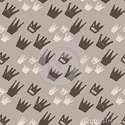 Brown and white crown silhouettes seamless pattern. Hand drawn print with grey background Cartoon Illustration