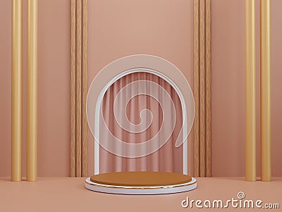 brown and white cylinder pedestal podium with arch shape backdrop and brown battens. abstract pastel brown color. 3d rendering Stock Photo