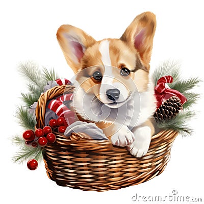 A brown and white dog sitting in a basket Christmas clipart. Stock Photo