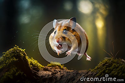 Brown and white hamster jumping in the air over mossy ground. Generative AI Stock Photo