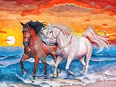 Brown and white horse running on the beach. Abstract lowpoly design. Stock Photo