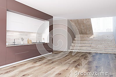 Brown and white original kitchen interior, stairs Stock Photo