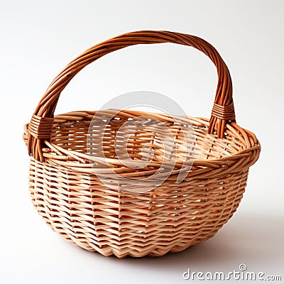 Brown wicker basket with one large handle. Wooden basket made of vines. Rattan basket Stock Photo