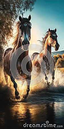 Brown wild horse galloping and jumping on the surface of the river Stock Photo