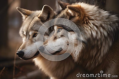 Brown Wolves Couple In Woods Stock Photo