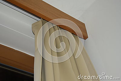 Brown wood windows. Inner construction, design, cotton curtain Stock Photo