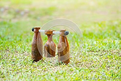 Brown woodball gate or finish line on sand ground floor. Stock Photo