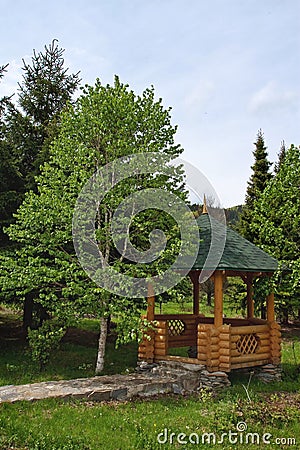 Brown wooden arbor with a path in the summer forest. Forest on a sunny day Stock Photo