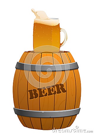 Brown wooden barrel and beer mug Vector Illustration