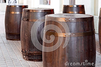 Brown wooden barrel on outdoor. Stock Photo