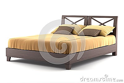 Brown wooden bed isolated on white Stock Photo