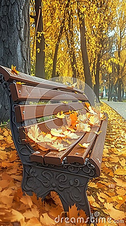 A brown wooden bench covered in yellow autumn leaves in park Stock Photo