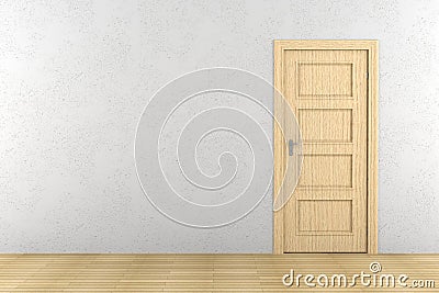 Brown wooden door on white wall Stock Photo