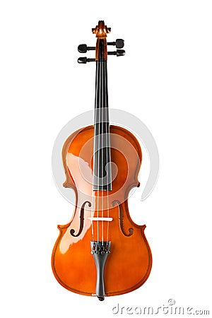 Brown wooden fiddle or violin, classic musical instrument, isolated over white background Stock Photo