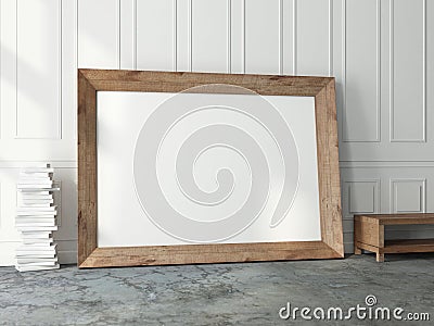 Brown wooden Horizontal Frame Mockup standing near white wall in living room Stock Photo