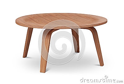 Brown wooden round coffee table, dinning table, magazines table. Modern designer, table isolated on white background. Series of Stock Photo