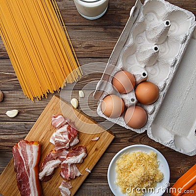 Brown wooden table with components Stock Photo