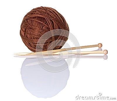 Brown Yarn Ball With Bamboo Knitting Needles Stock Photo