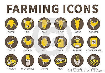 Brown and Yellow Farming Icon Set of Sheep, Pig, Cow, Goat, Horse, Rooster, Goose, Chicken, Egg, Milk, Farmer, Concentrate, Stock Photo