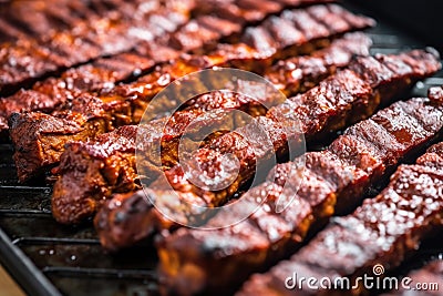 browned bbq tempeh ribs fresh from the oven Stock Photo