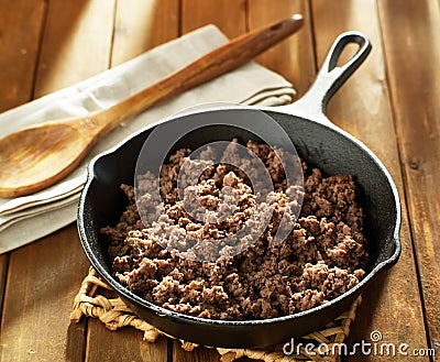 Browned ground beef in cast iron skillet Stock Photo