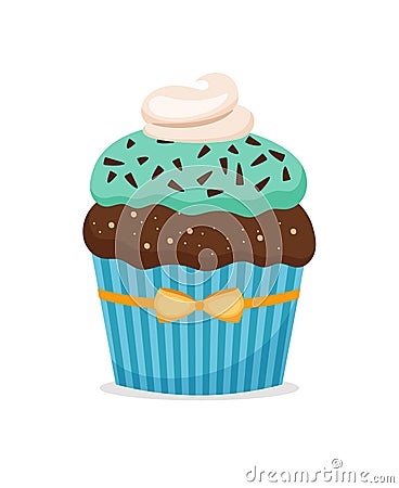 Brownie cupcake with blue frosting Vector Illustration