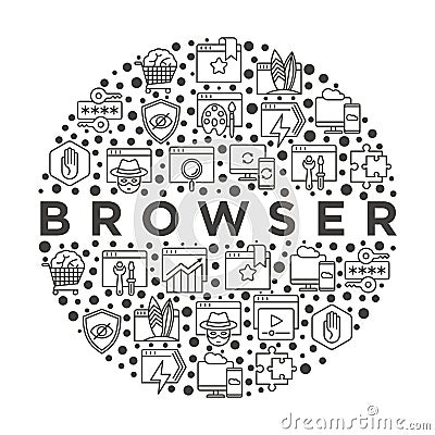 Browser concept in circle with thin line icons: add-ons, extension, customize browser, sync between devices, bookmark, private, ad Vector Illustration