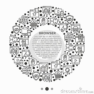 Browser concept in circle with thin line icons: add-ons, extension, customize browser, sync between devices, bookmark, private, ad Vector Illustration
