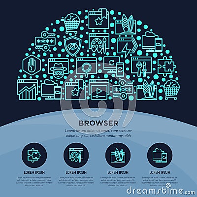 Browser concept in half circle with thin line neon icons: add-ons, extension, customize browser, sync between devices, bookmark, Vector Illustration