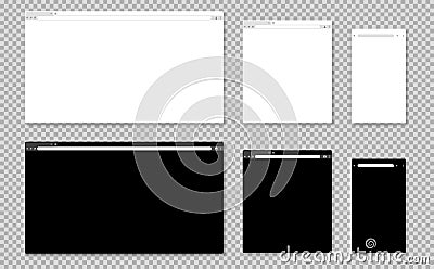 Browser mockup. Blank website window with tab, toolbar and search field for computer, tablet and phone. Internet browser Vector Illustration