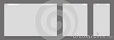 Browser mockups. Empty computer tablet and mobile web page templates, blank website frames on different devices. Vector Vector Illustration