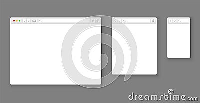 Browser mockups. Website different devices web window mobile screen internet flat template empty page network row set Vector Illustration