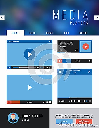 Browser web site page with video player ui interface and navigation. Vector template Vector Illustration