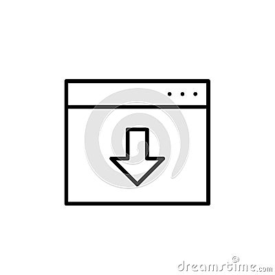 Browser window with downward arrow. Downloading online contend from web page. Pixel perfect, editable vector icon Vector Illustration