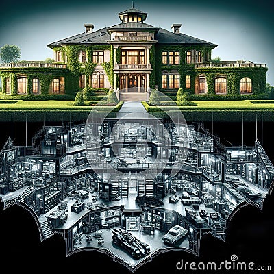 Bruce Wayne manor and below an x-ray vision of the Batman Batcave. Stock Photo