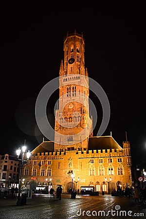 Belfry Tower in Bruges at night, Belgium Editorial Stock Photo
