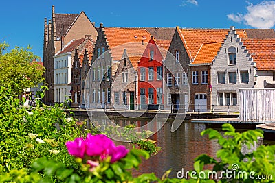 Bruges canal with beautiful houses, Belgium Stock Photo