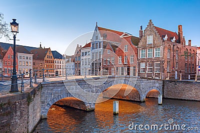 Bruges canal and bridge in the morning, Belgium Stock Photo