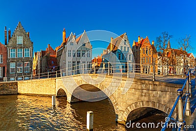 Bruges canal and bridge in the morning, Belgium Stock Photo