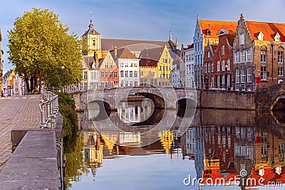 Bruges canal and bridge at sunset, Belgium Stock Photo